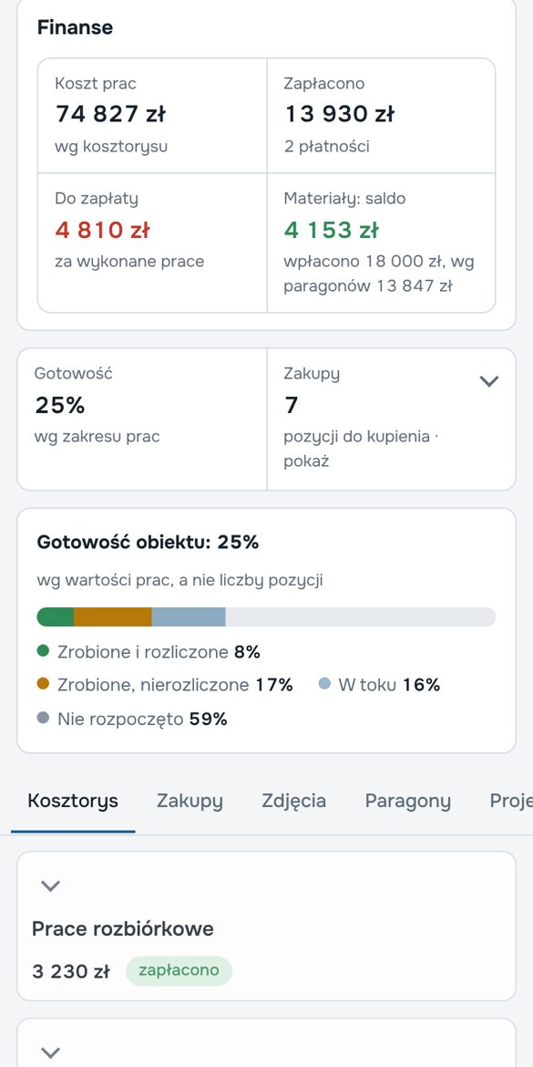 Panel klienta LIENZO na telefonie: finanse, gotowość, kosztorys